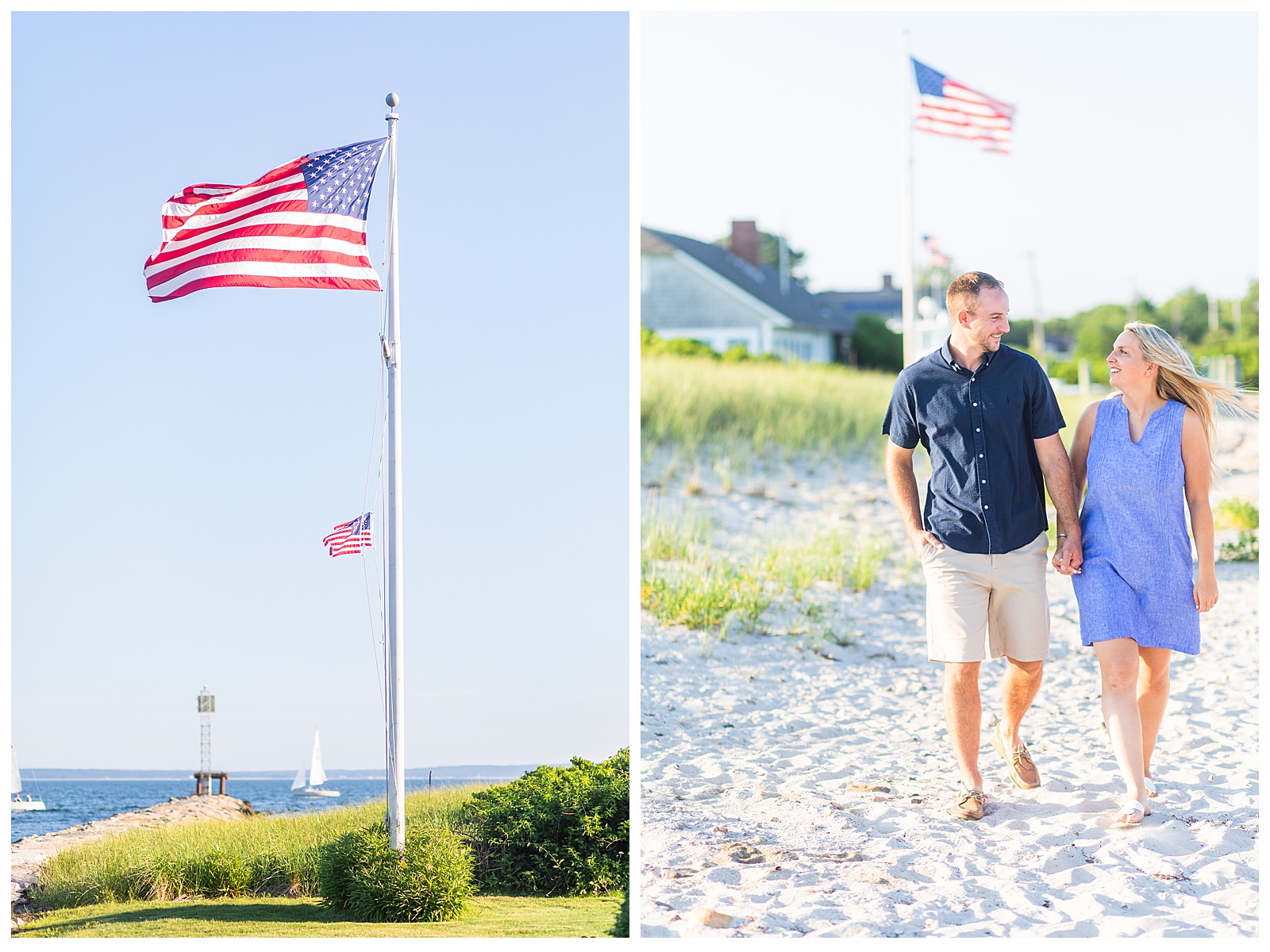 two images. one of american flag with beach in the background and the other with the couple walking in the sand