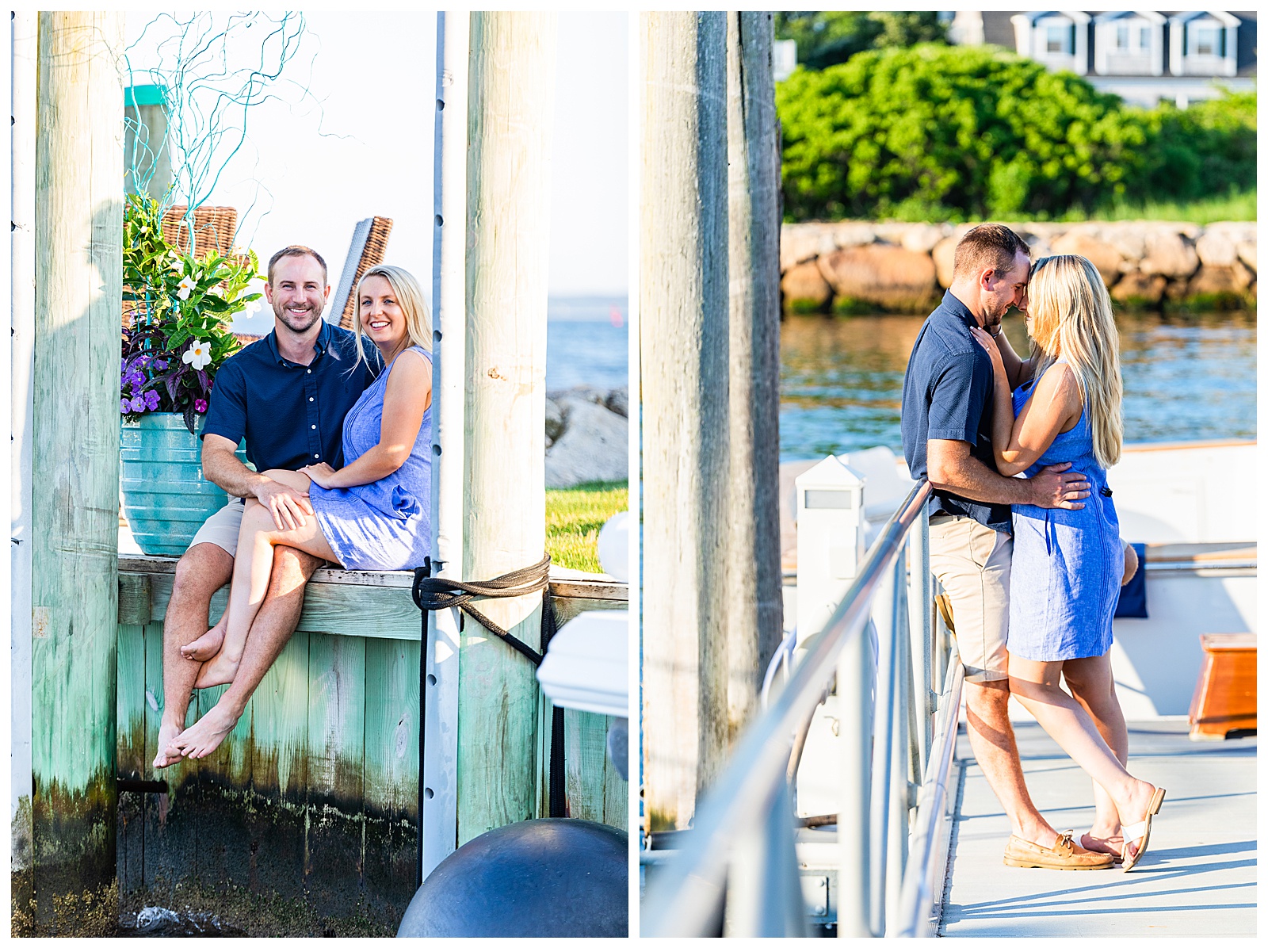 two images. devinn & tyler sitting on pier and devinn & tyler standing against railing kissing