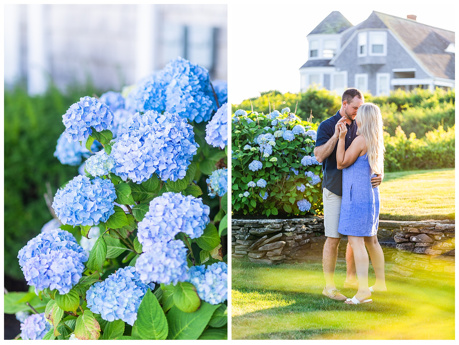 two images. one of hydrangea bush ad the other the couple is dancing