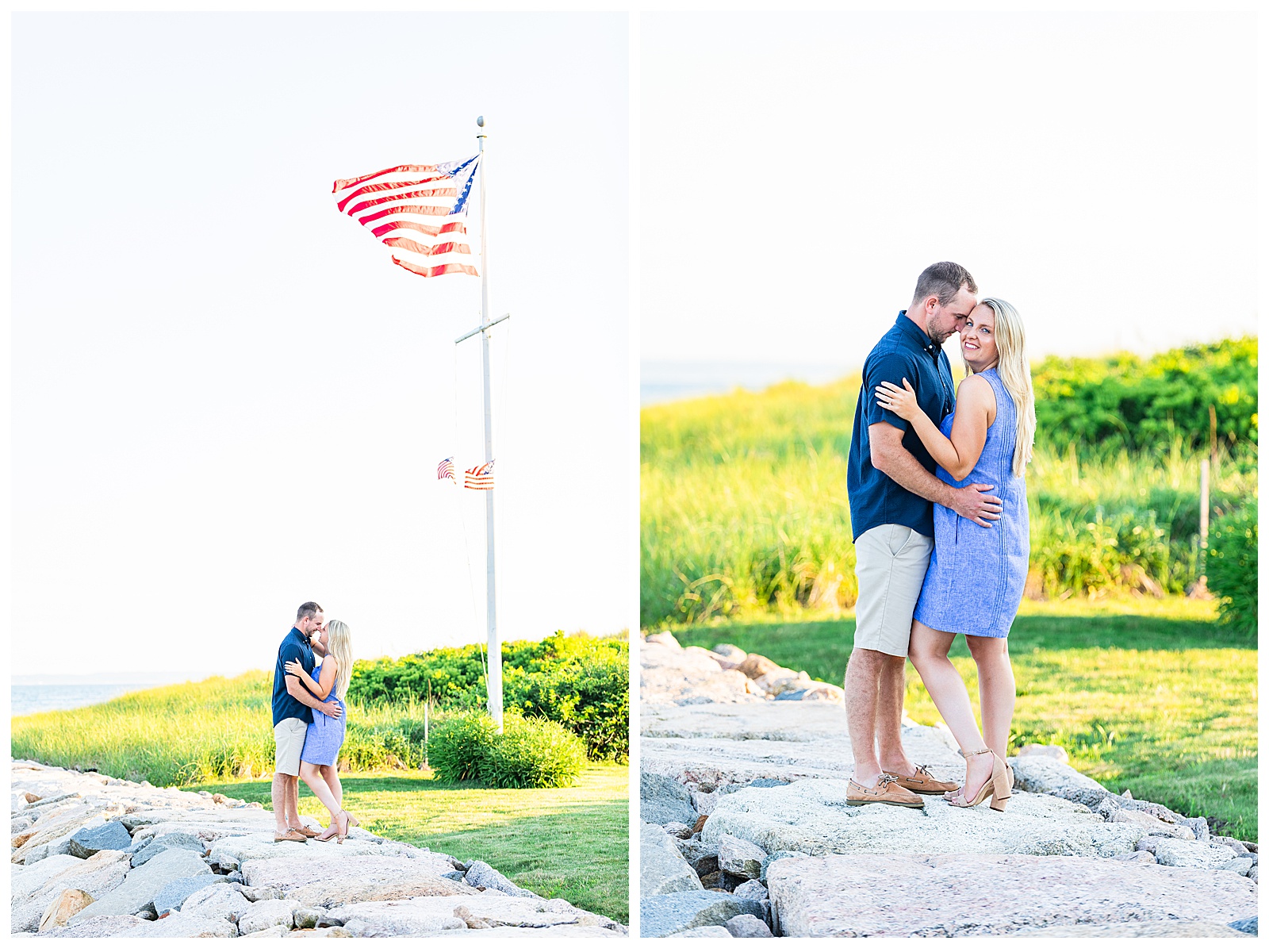 two images. far away with couple holding each other and flag in background and one closer up of couple with Devinn looking at camera