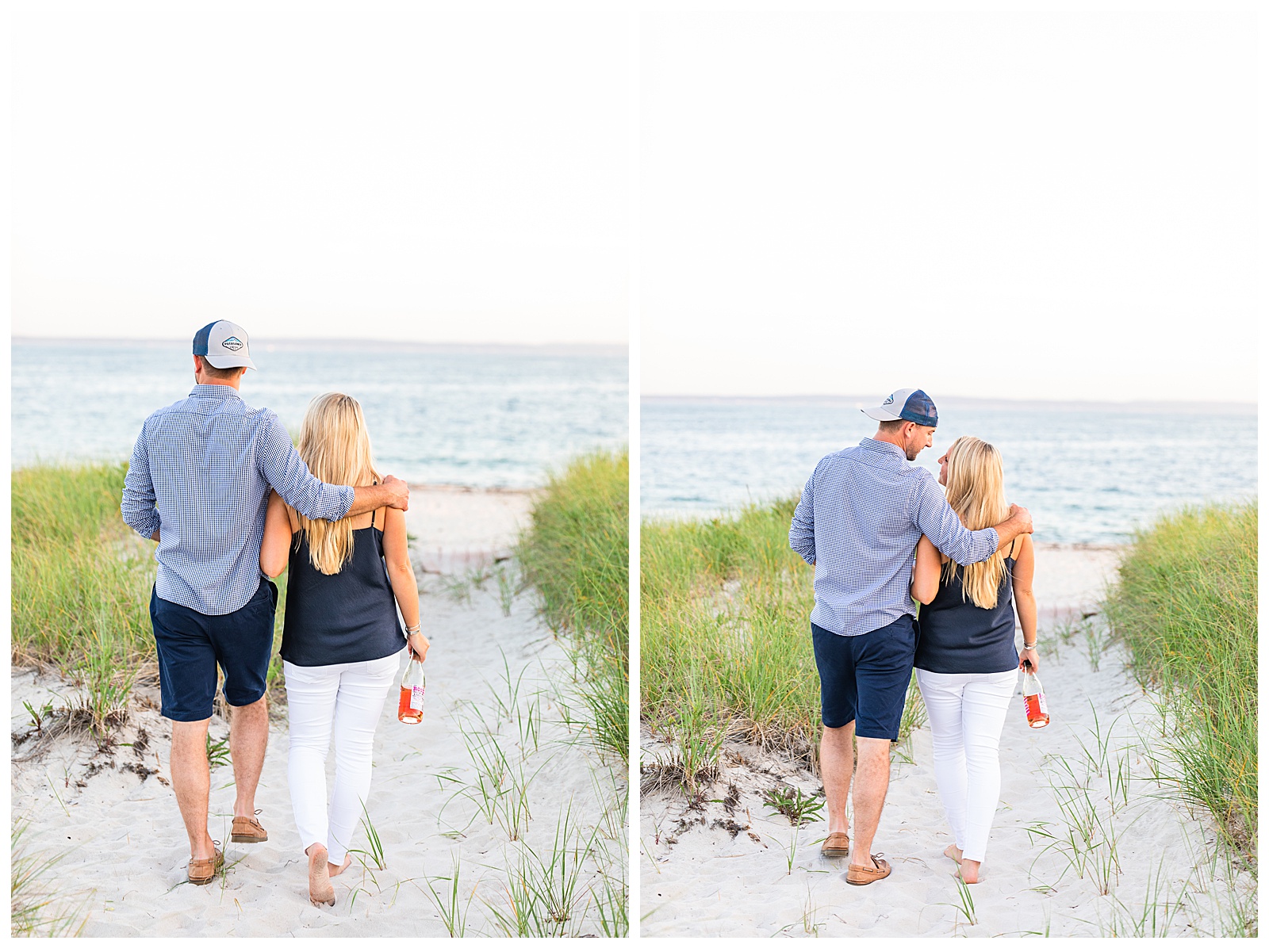 two images. both of couple walking towards ocean on the beach