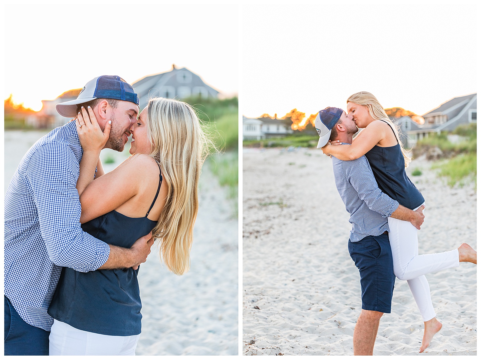 two images. close up of couple smiling after kiss and other is tyler picking up devinn and they're kissing