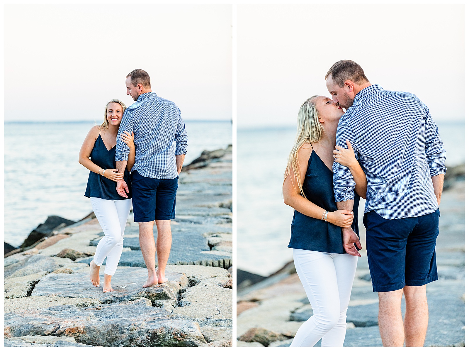 two images. standing on rock bank going out into the ocean