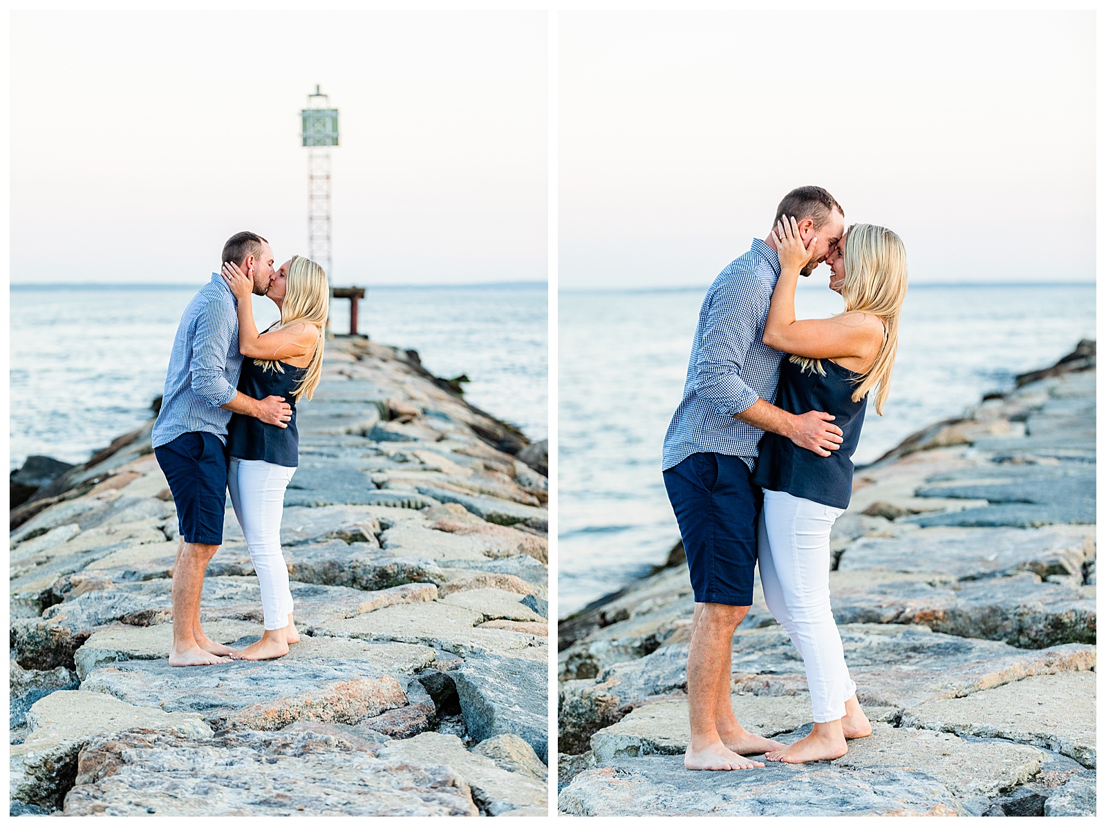 two images. couple kissing on jetty and couple looking into each other's eyes on jetty