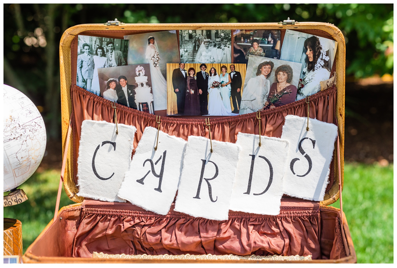 suitcase for cards with images hanging inside