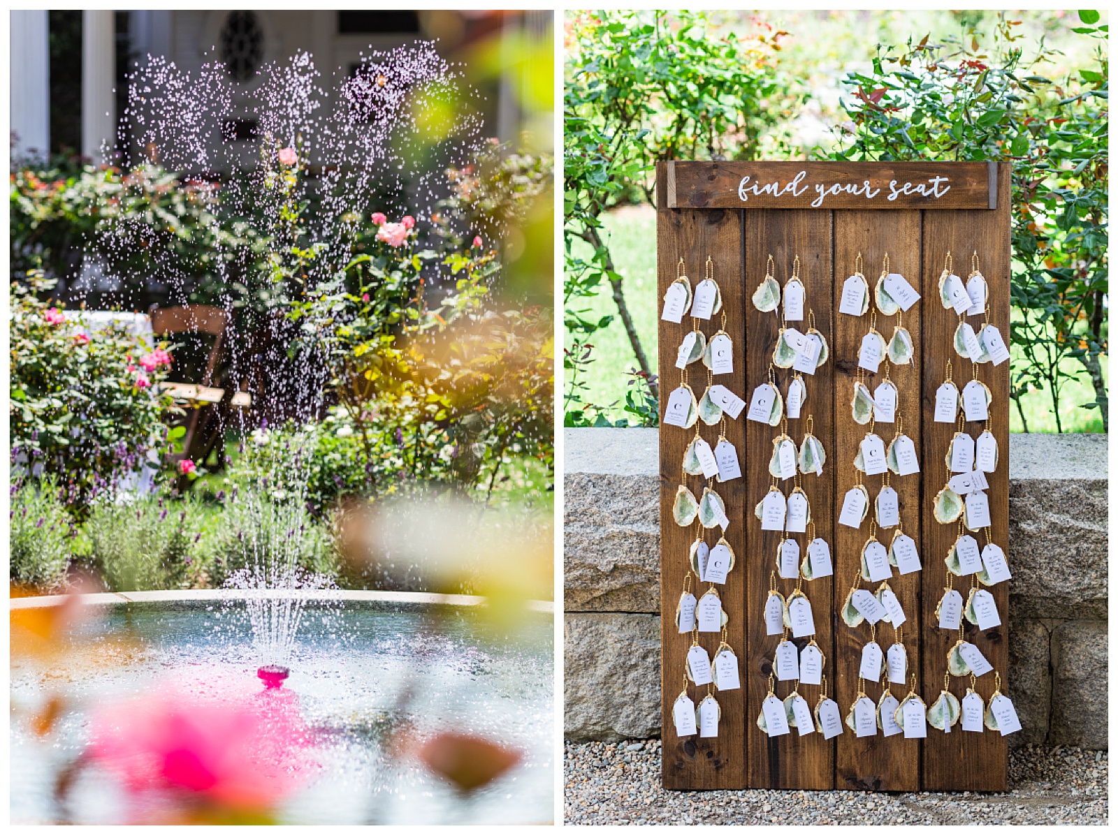 fountain with flowers surrounding it and guest seating chart