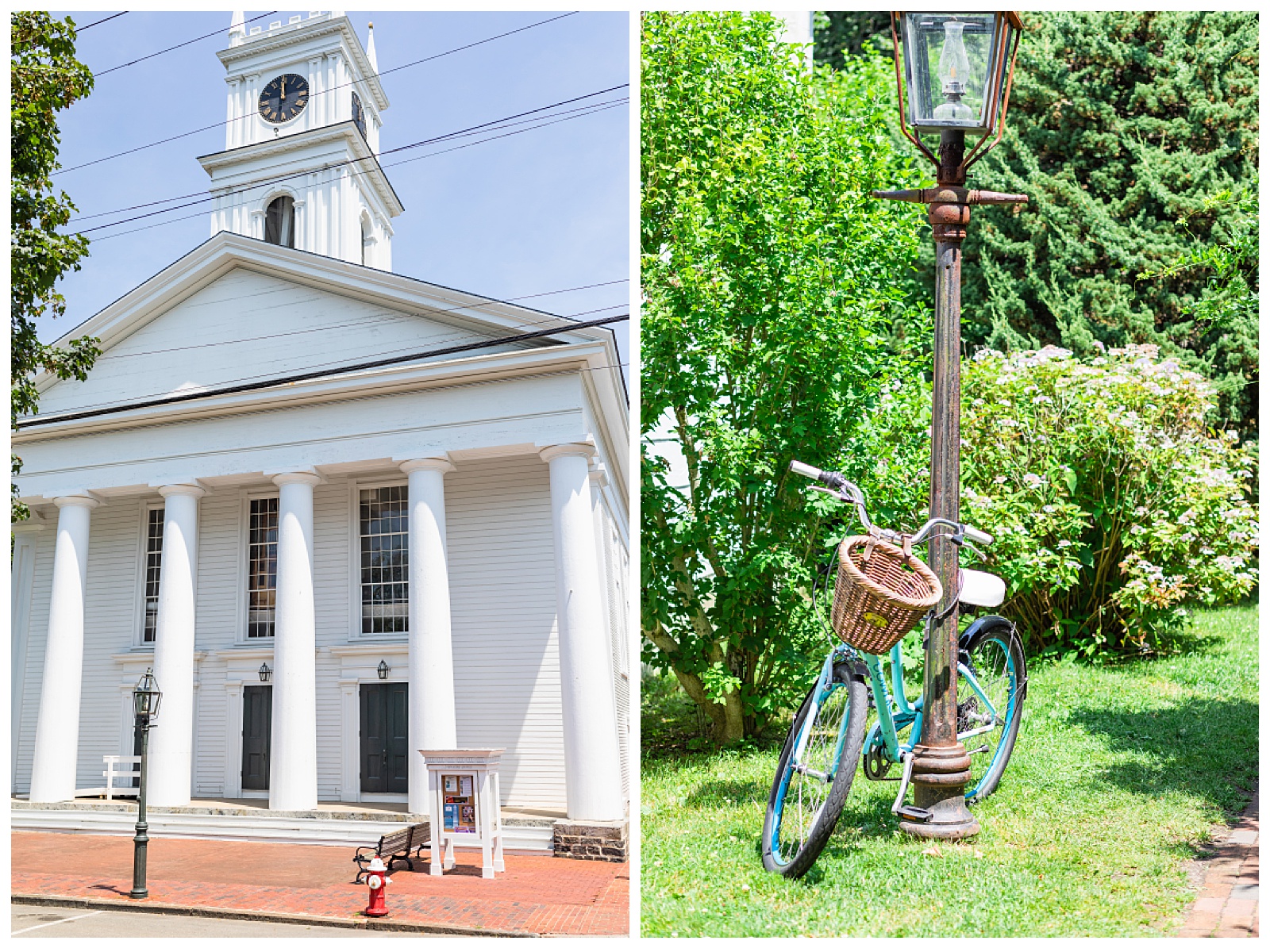 Two images. One of church and he other of a bicycle