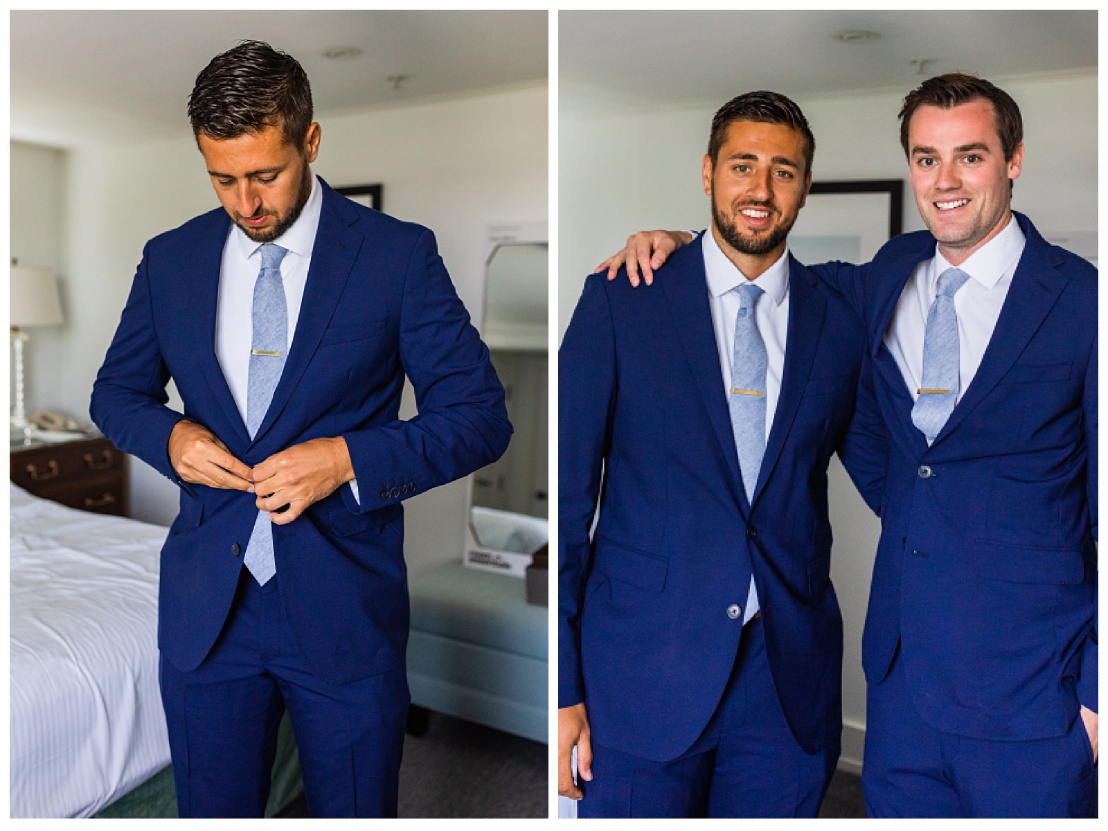 Groom buttoning up jacket and another image of groom standing with a groomsmen