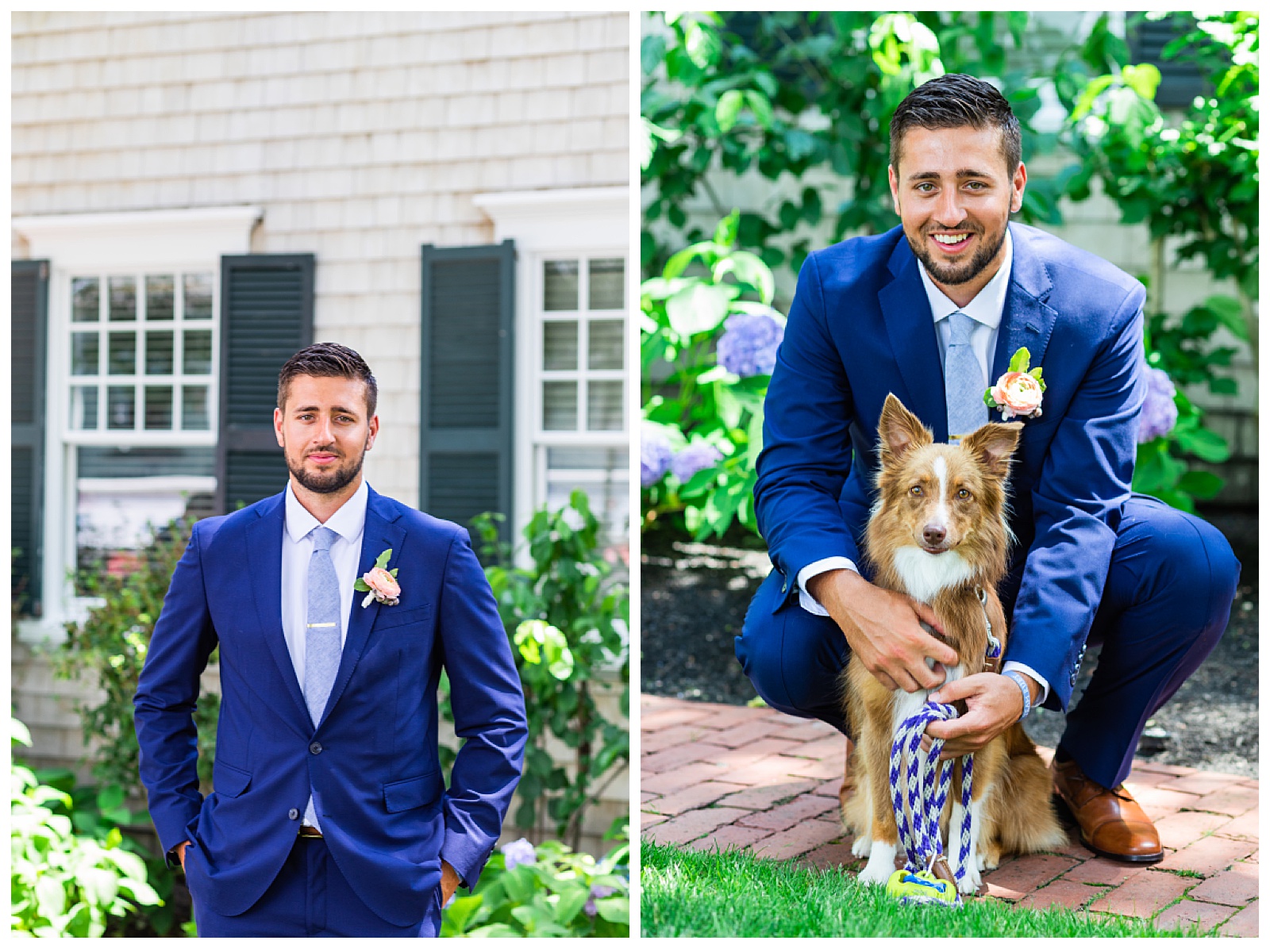 two images. one of groom and one of groom with his dog