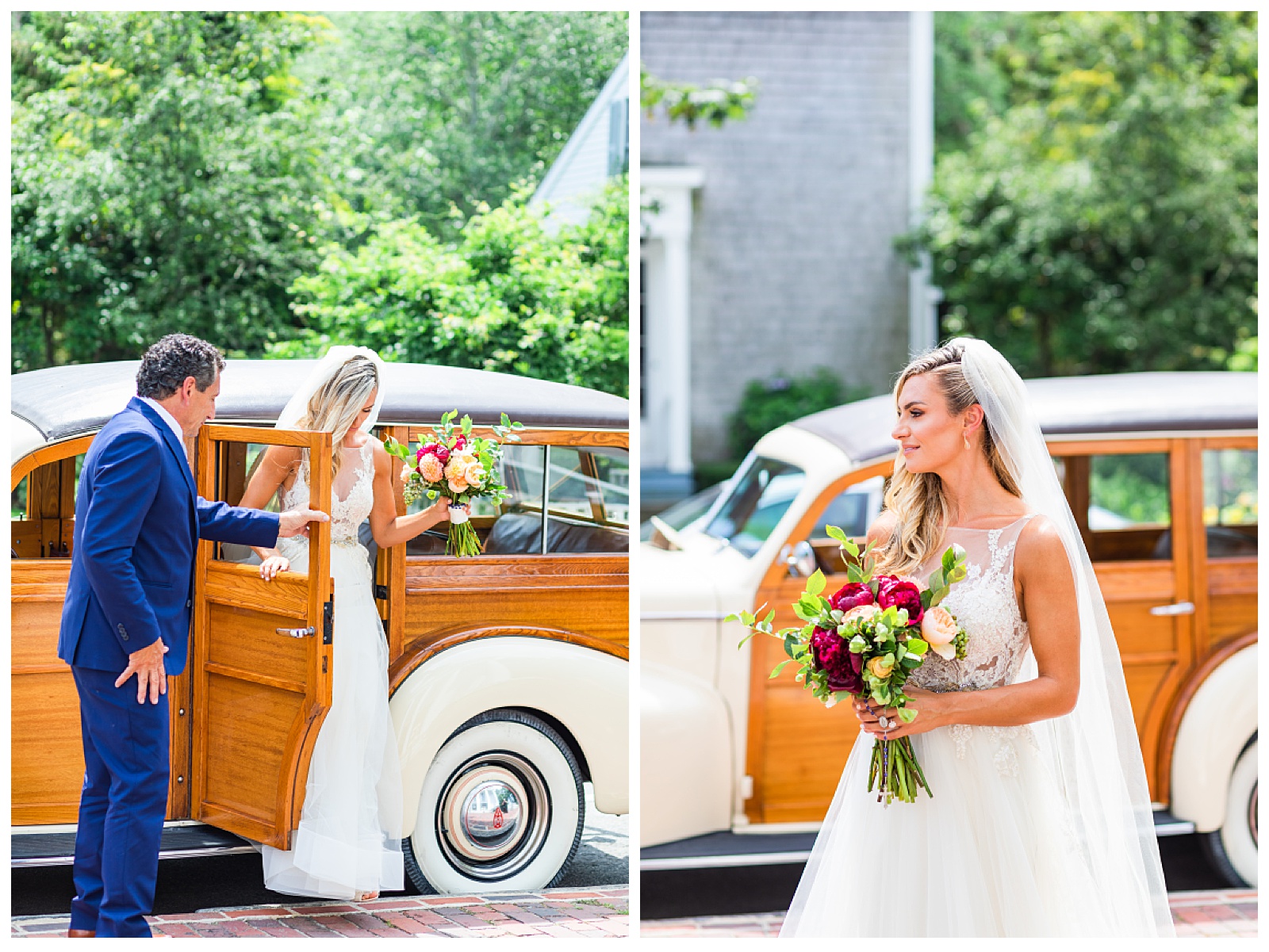 two images. one of dad helping bride out of old car and another of bride looking off into distant holding bouquet