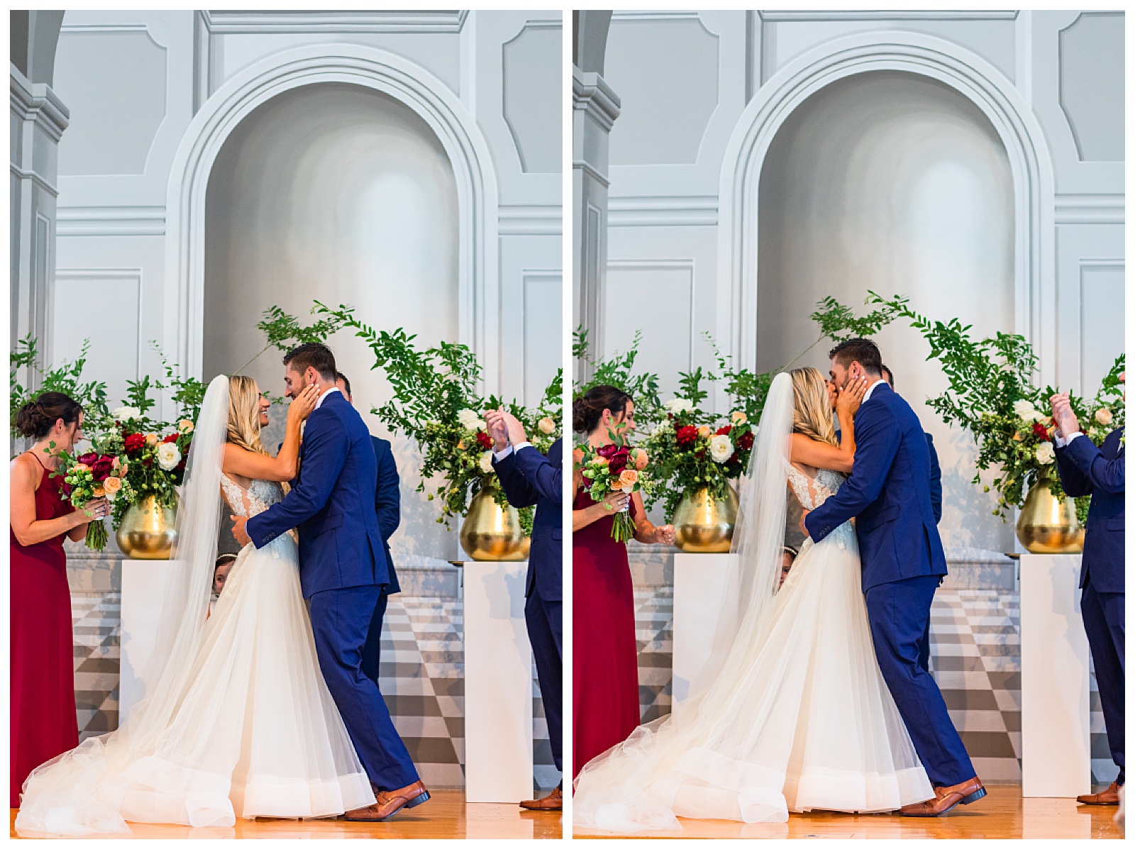 bride and groom first kiss