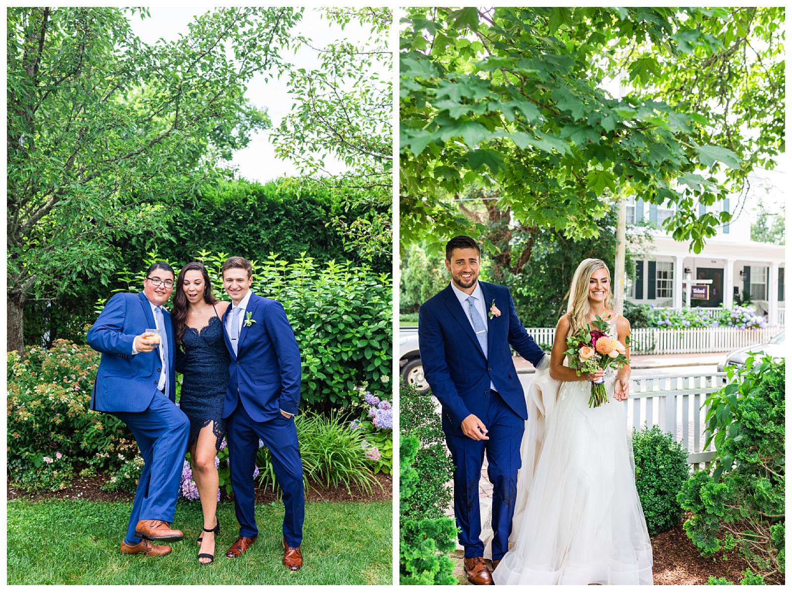 two images. one of brother and girlfriend acting goofy and another of bride and groom walking into cocktail hour