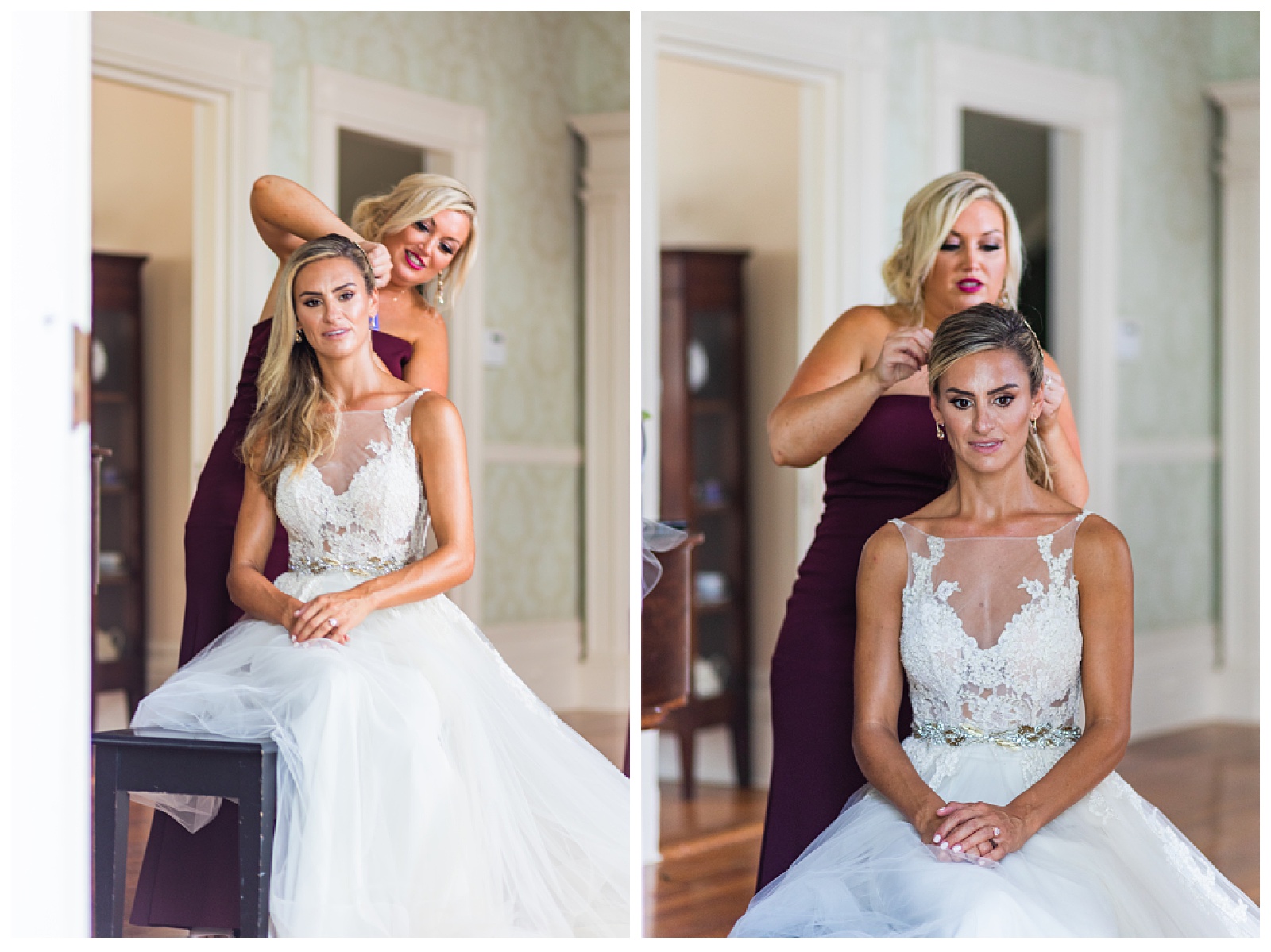 two images. both of bride getting her hair pinned up for reception