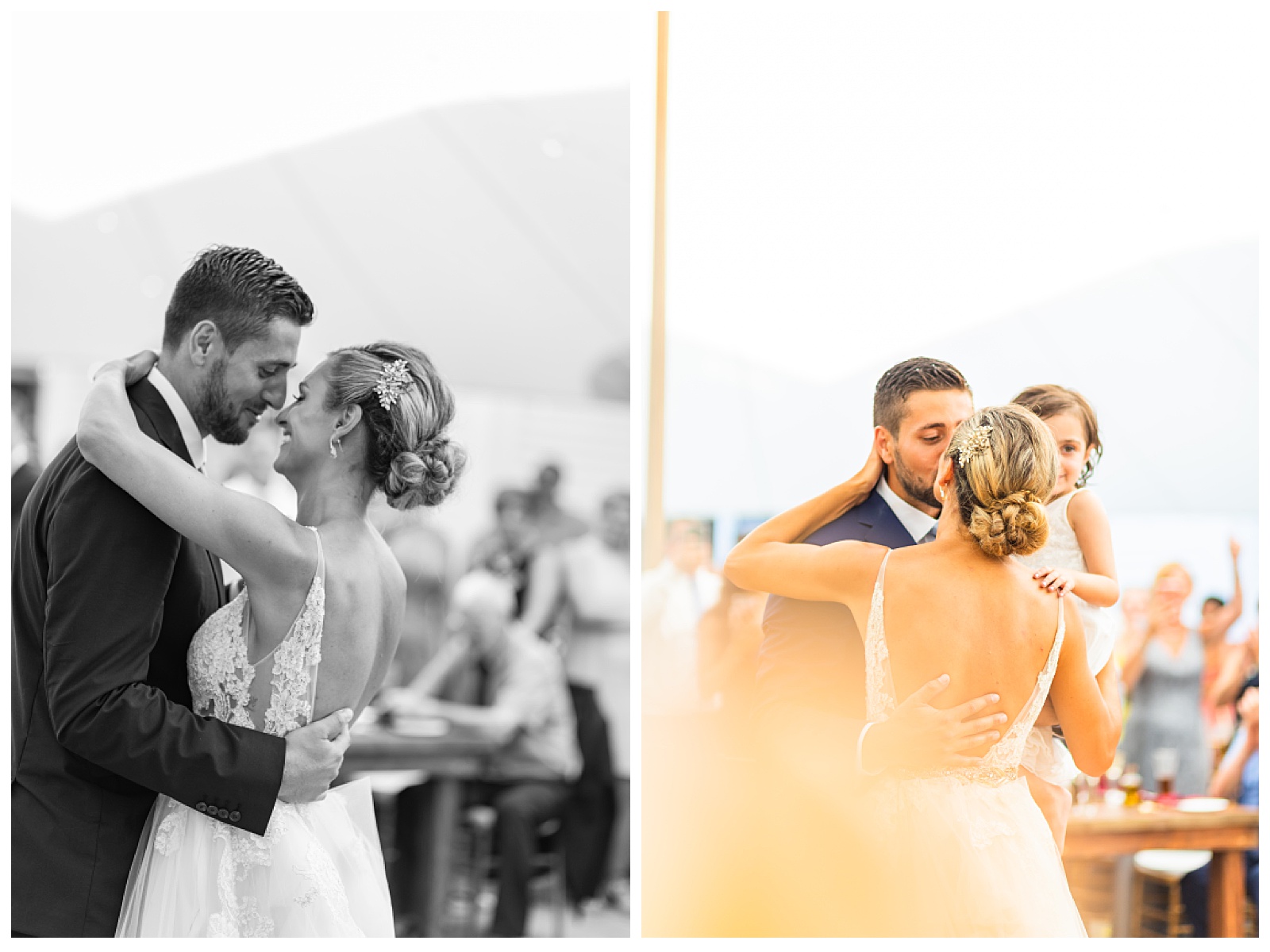 two images. one black and white of bride and  groom dancing and the other the bride and groom are kissing while holding bride's niece