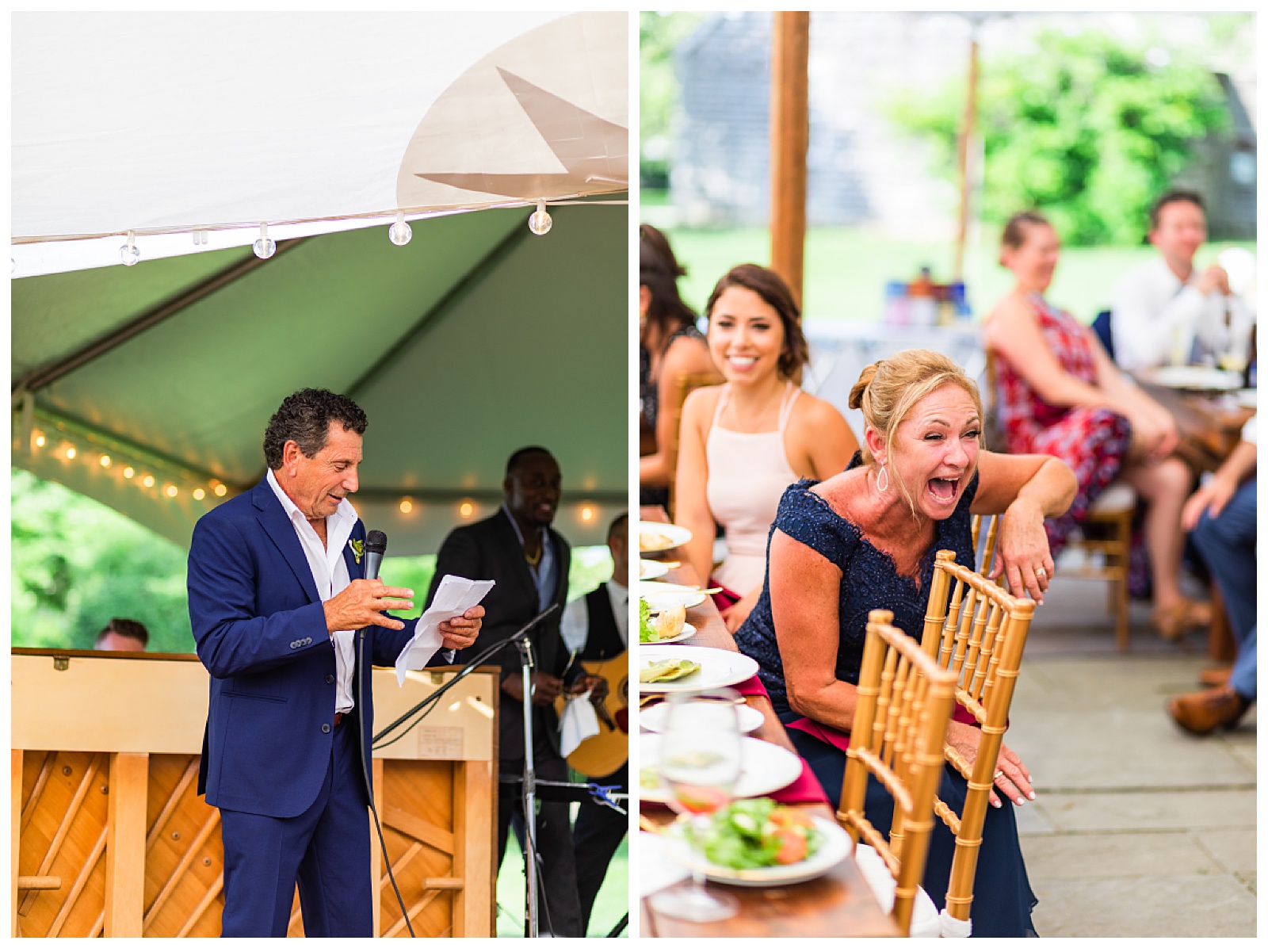 two images. one is dad giving speech and hte other is mom laughing at dad