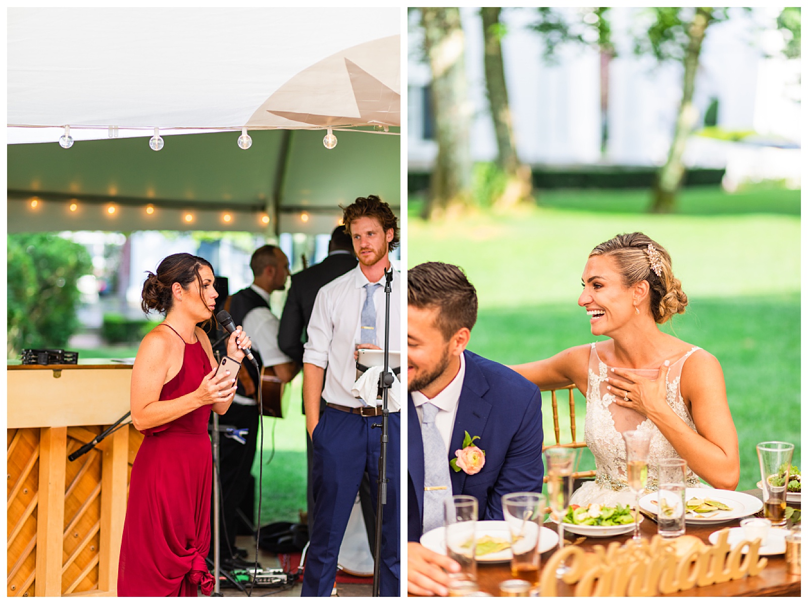 two images. sister is giving speech and the other is bride laughing at speech