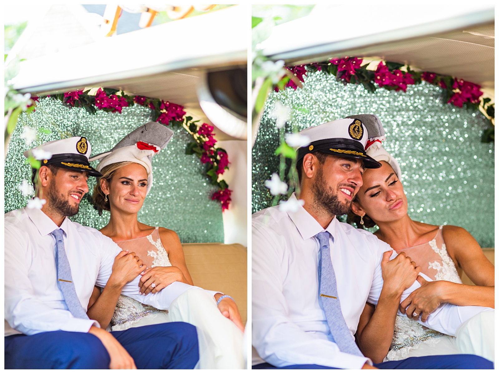 two images. both of couple making faces in the photo booth