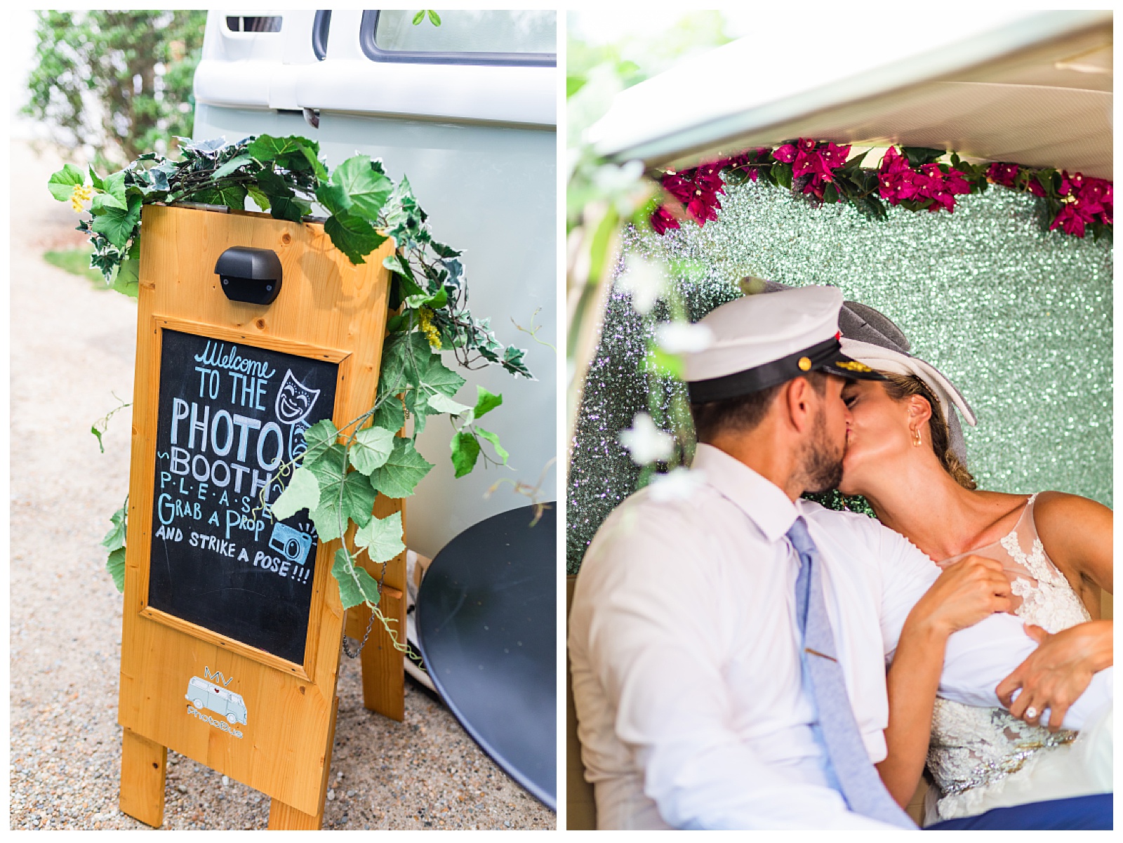 two images. sign for photo booth van and the other of the couple kissing in the photo booth