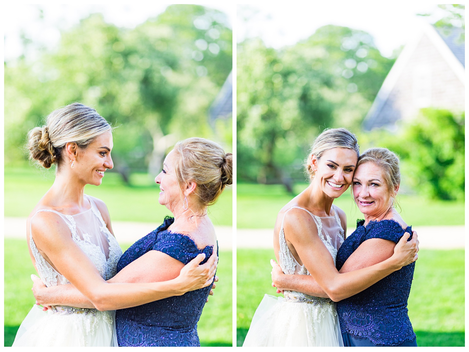 two images. bride and mom looking at each other and the other of them holding heads next to each other looking at camera