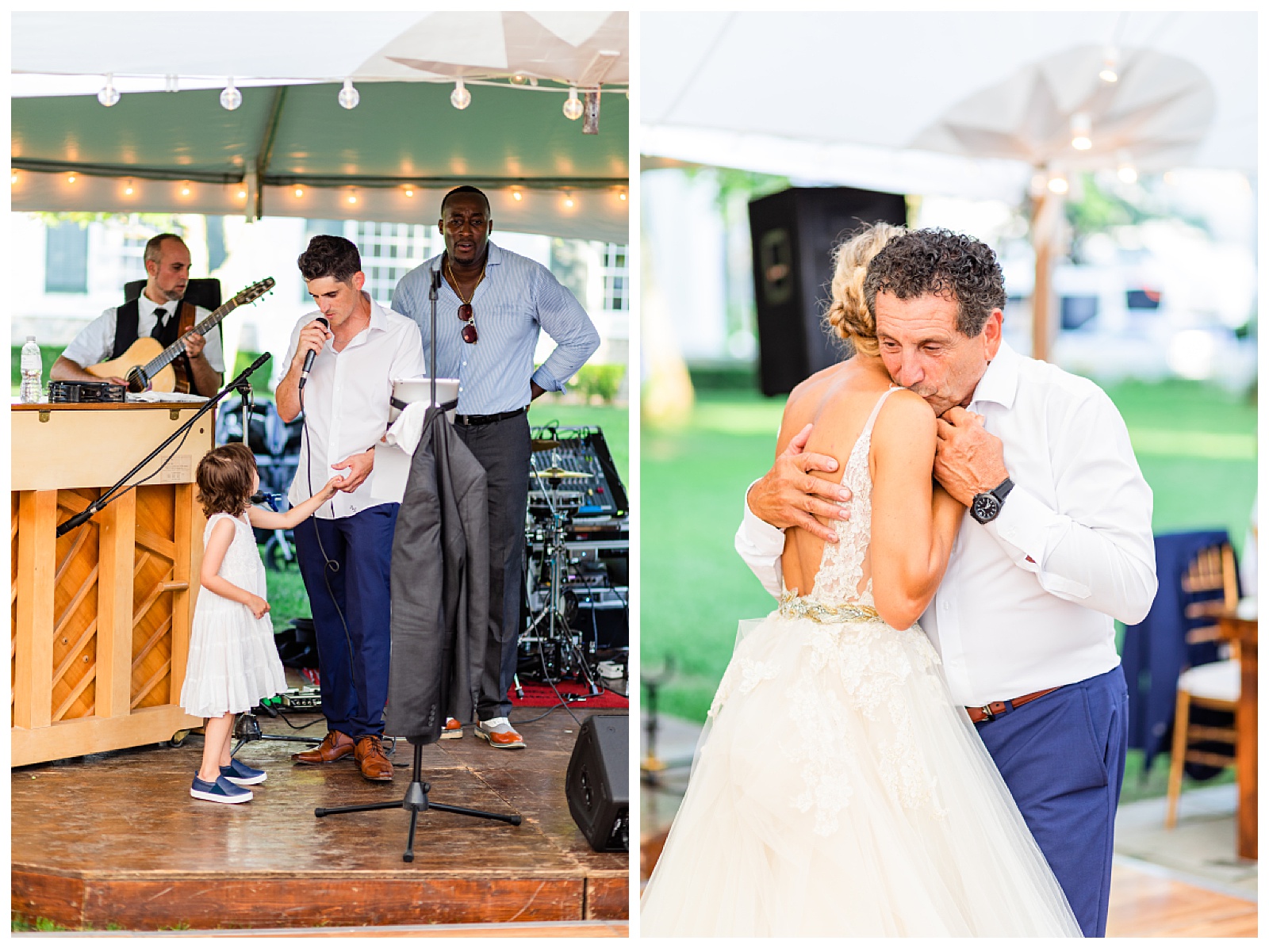 two images. brother singing and holding hand with niece and the other is father/daughter dance and dad is kissing bride's shoulder