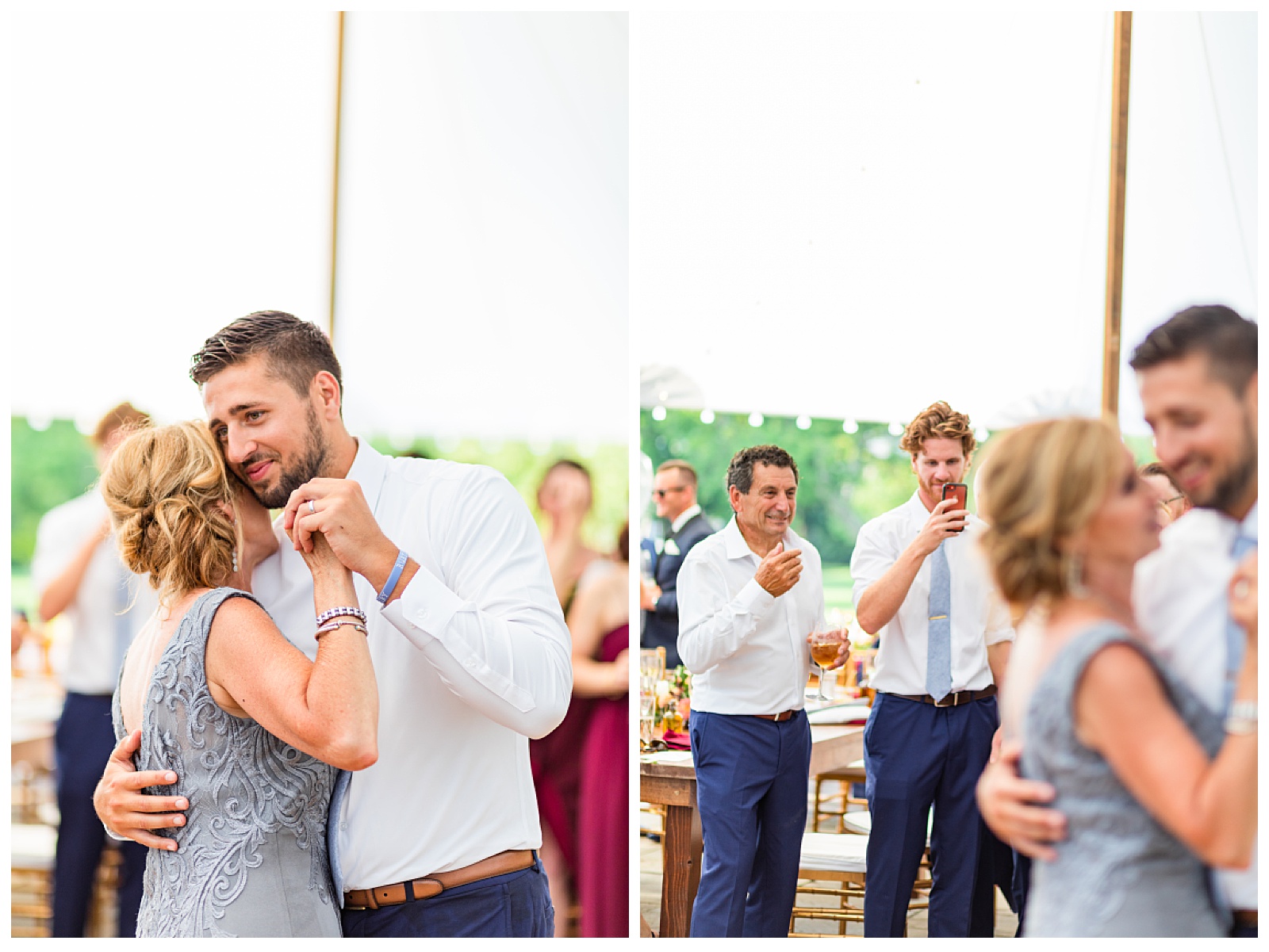 two images. mother and son are dancing and then it focuses on brother videoing them