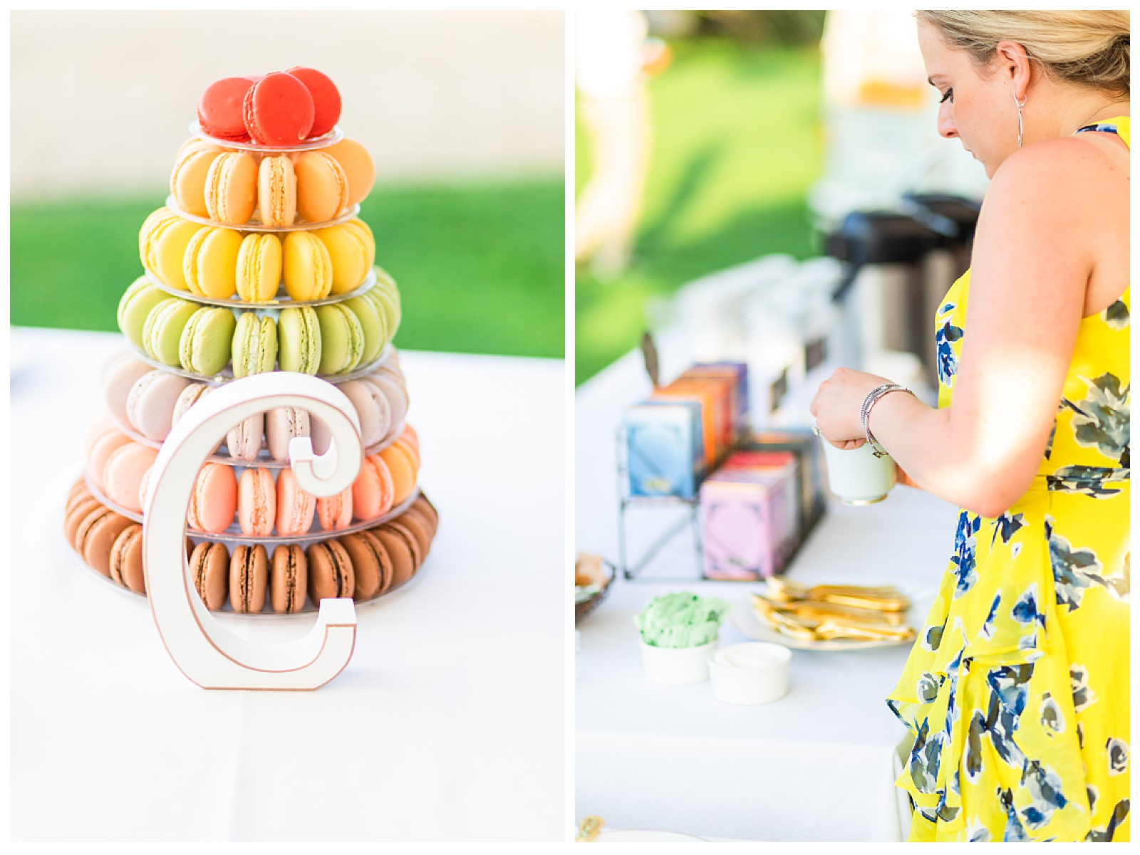 two images. tower of macarons and the other is a guest fixing a tea